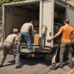 Tres personas cargando un camión de mudanzas.